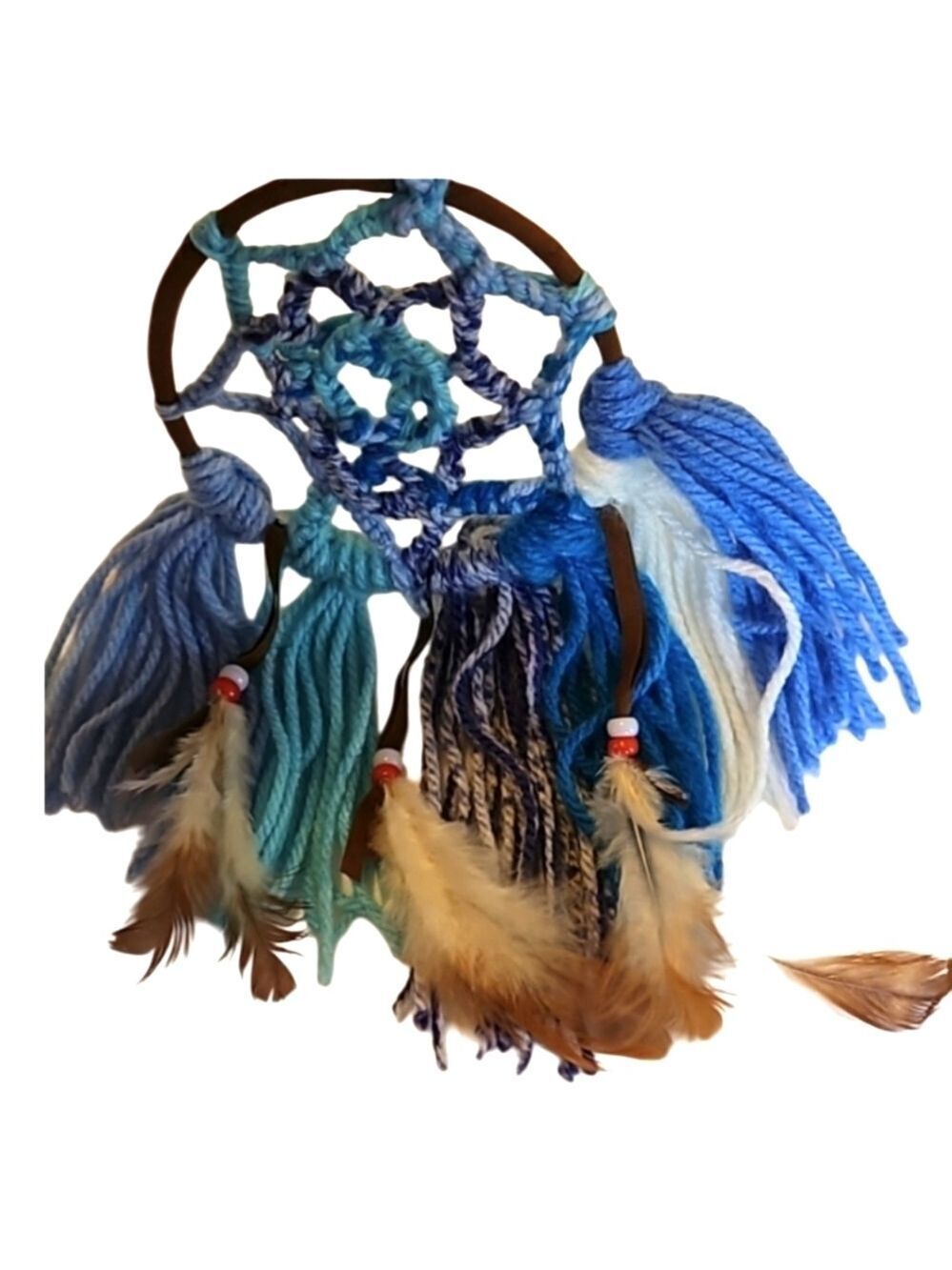 Hand Knit Crochet Dreamcatcher Brown Blue Yarn Feathers